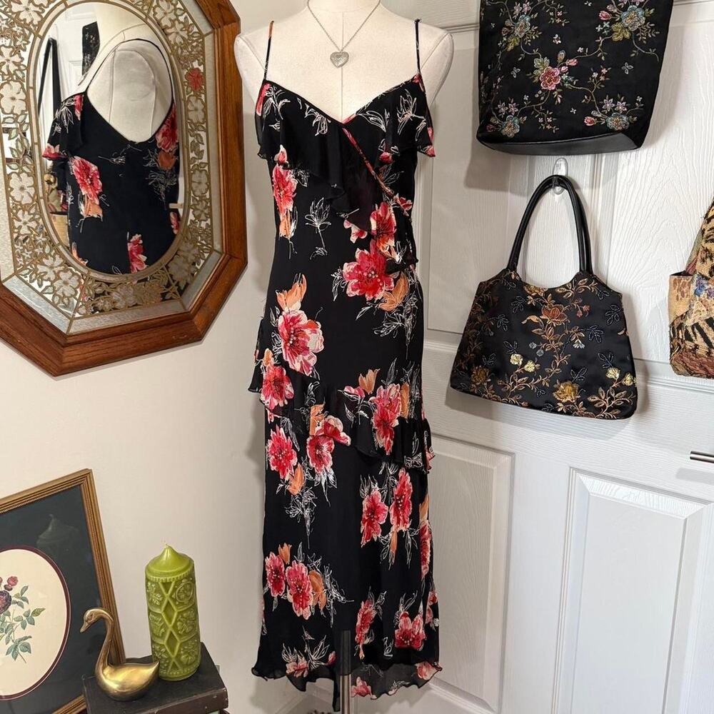 VTG Y2K American Angel Black & Red Floral Beaded Sequin Ruffle High-Low Dress